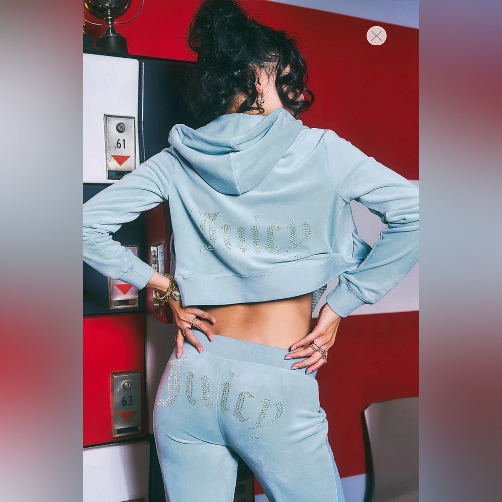 Juicy Couture OG Big Bling Set Velour Hoodie Track Pants Turquoise Large Y2K